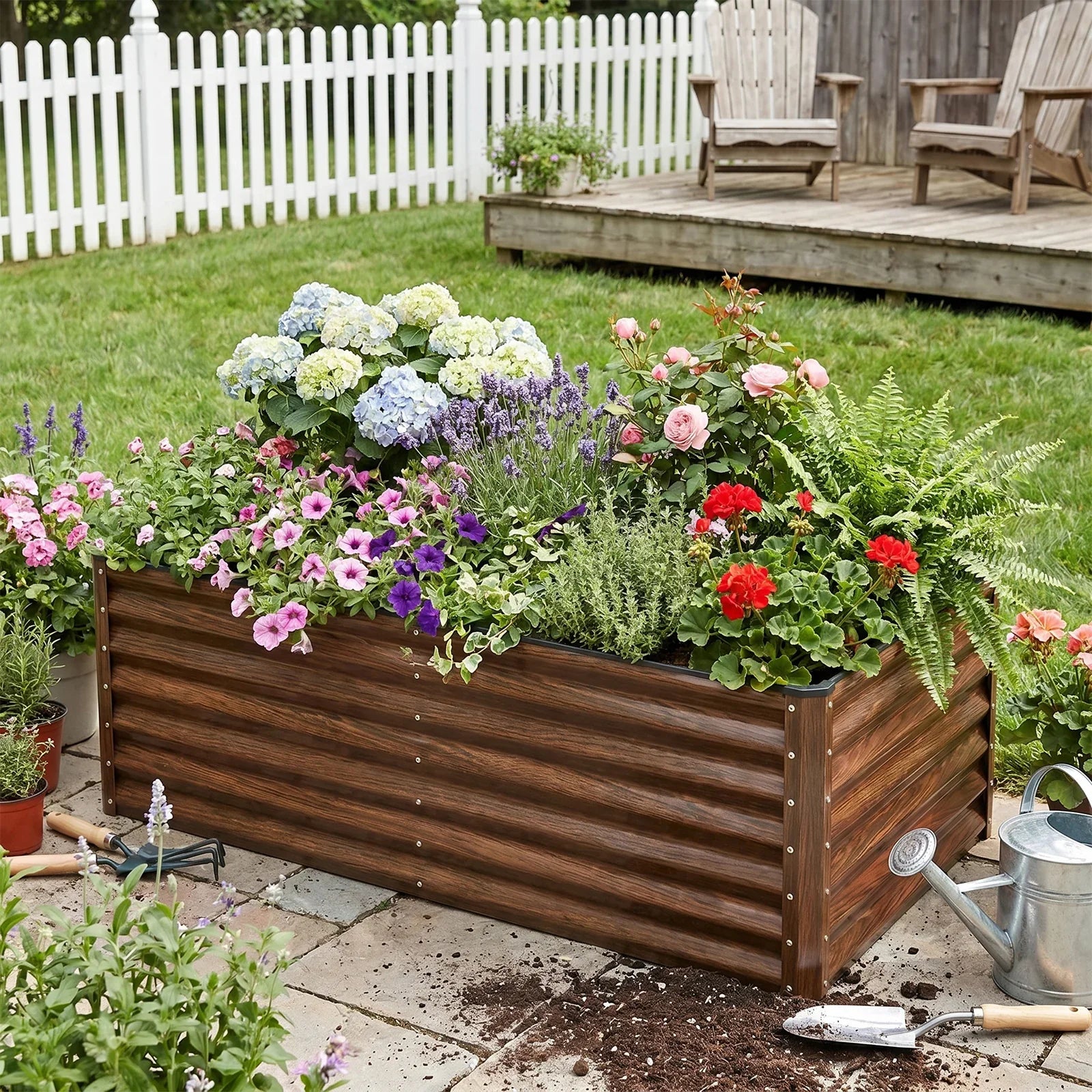 Wooden raised garden bed filled with colorful flowers and herbs in a backyard setting