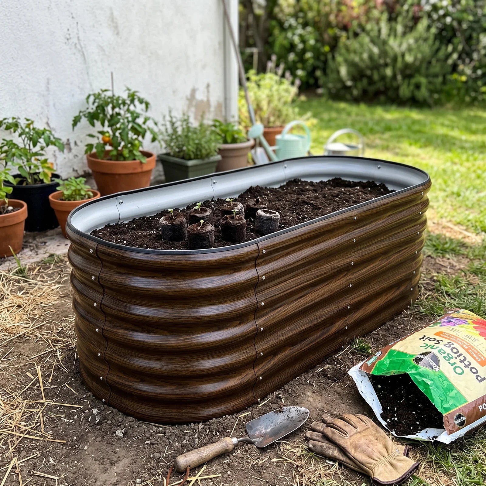Oval metal raised garden bed with wood grain finish, filled with soil and seedlings, perfect for backyard gardening.