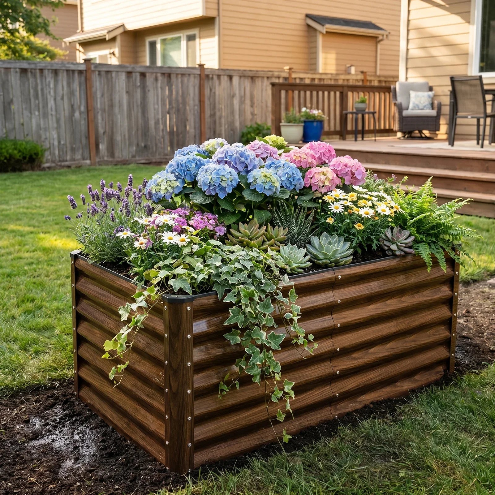 Wooden raised garden bed with colorful flowers and succulents in backyard