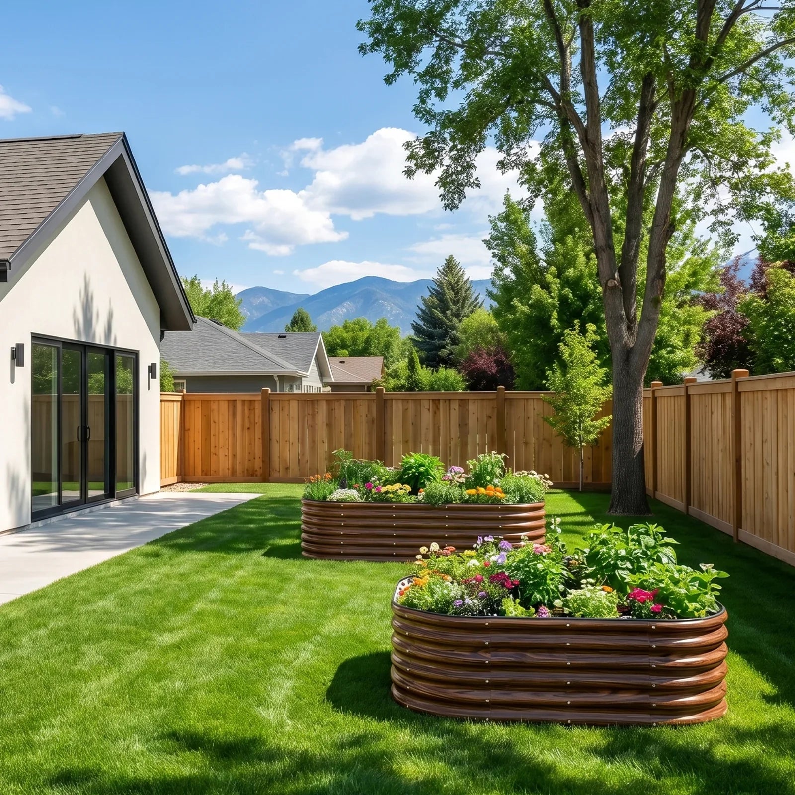 Metal raised garden beds with colorful flowers in a sunny backyard, perfect for American gardeners.