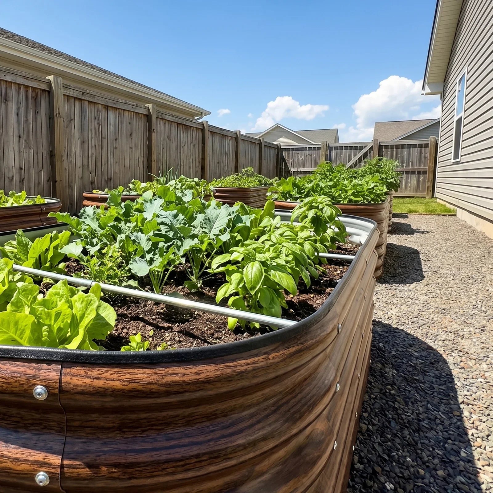 Wood-look metal raised garden beds with thriving vegetables in a sunny backyard