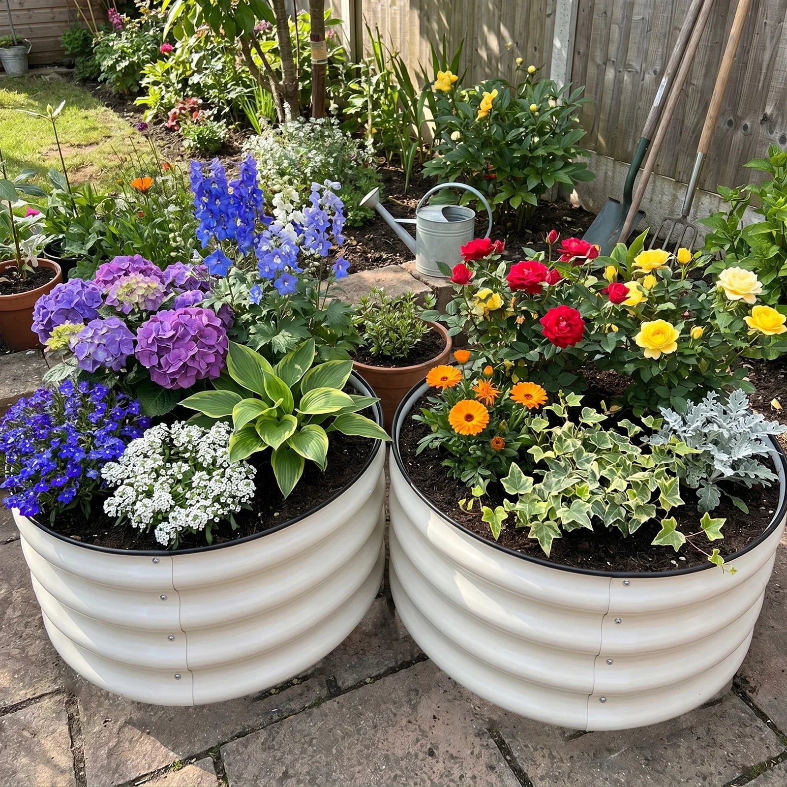 White metal raised garden beds with colorful flowers in a sunny backyard garden