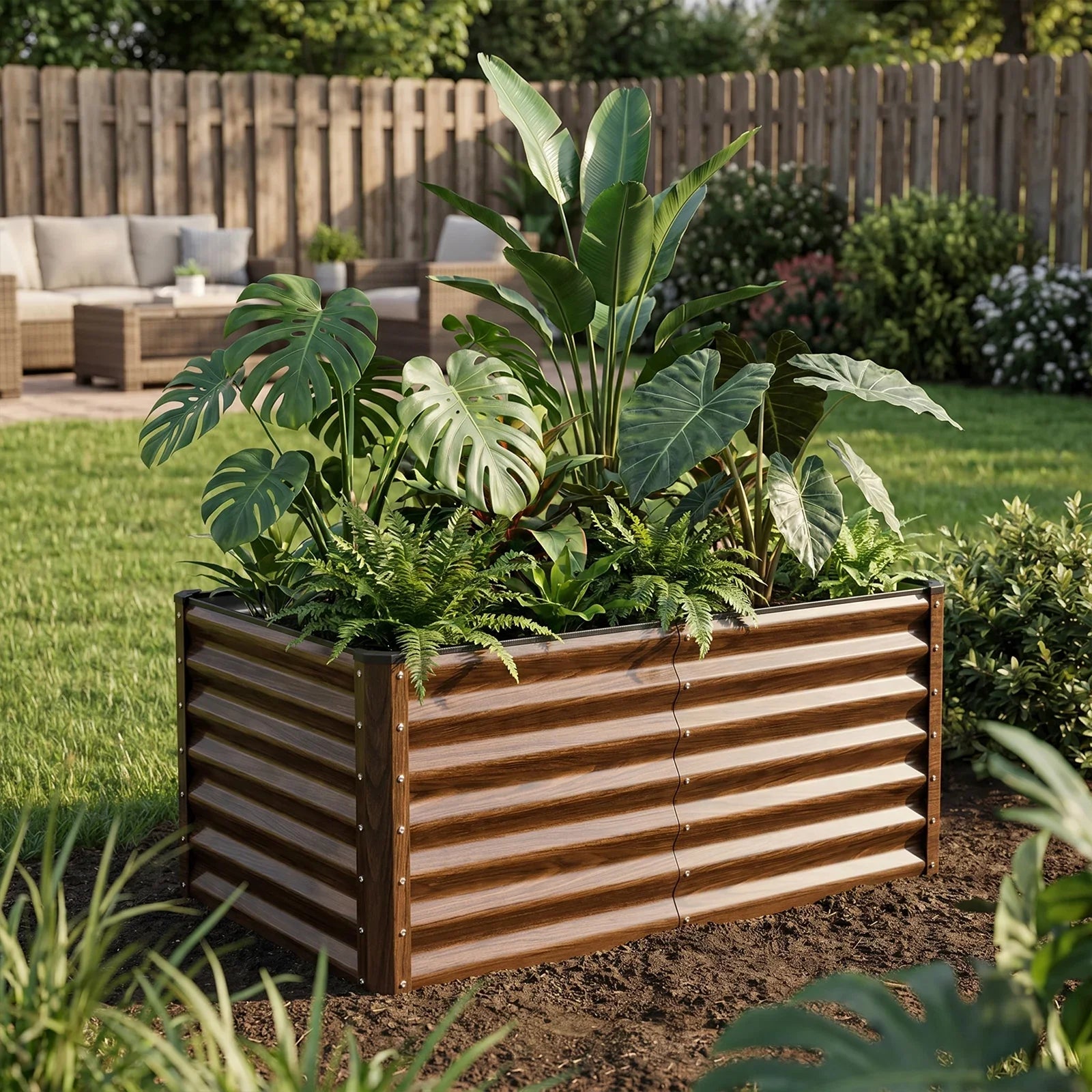 Wood-look metal raised garden bed with tropical plants in backyard