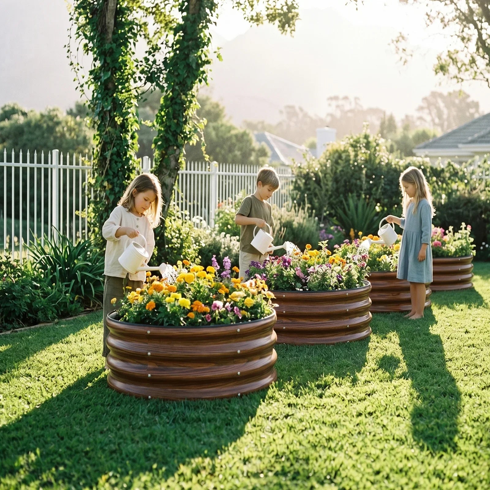 Kids watering colorful flowers in round metal raised garden beds on sunny lawn