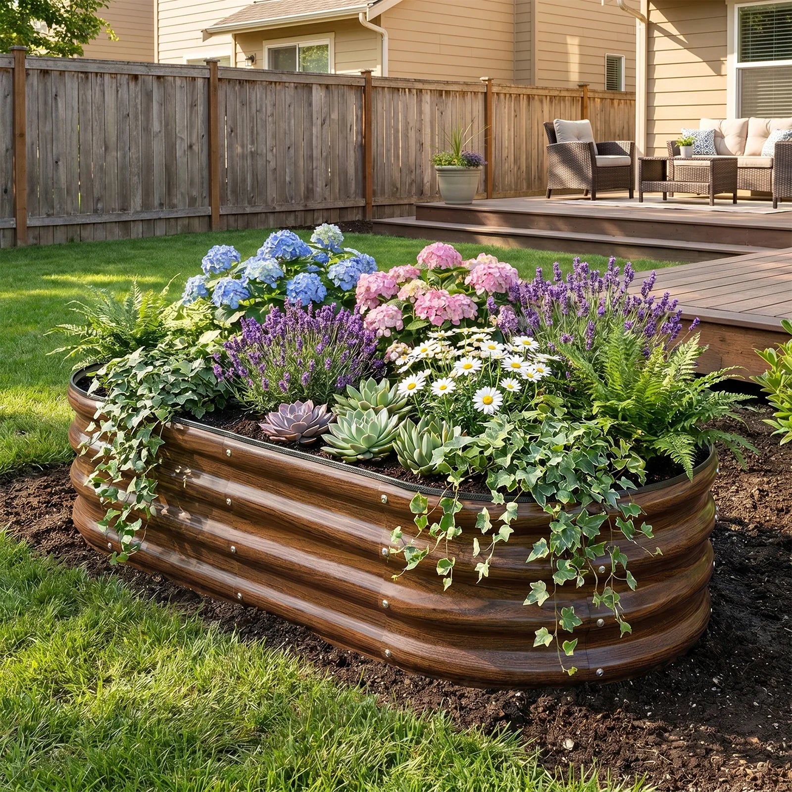 Oval metal raised garden bed with colorful flowers and succulents in backyard setting