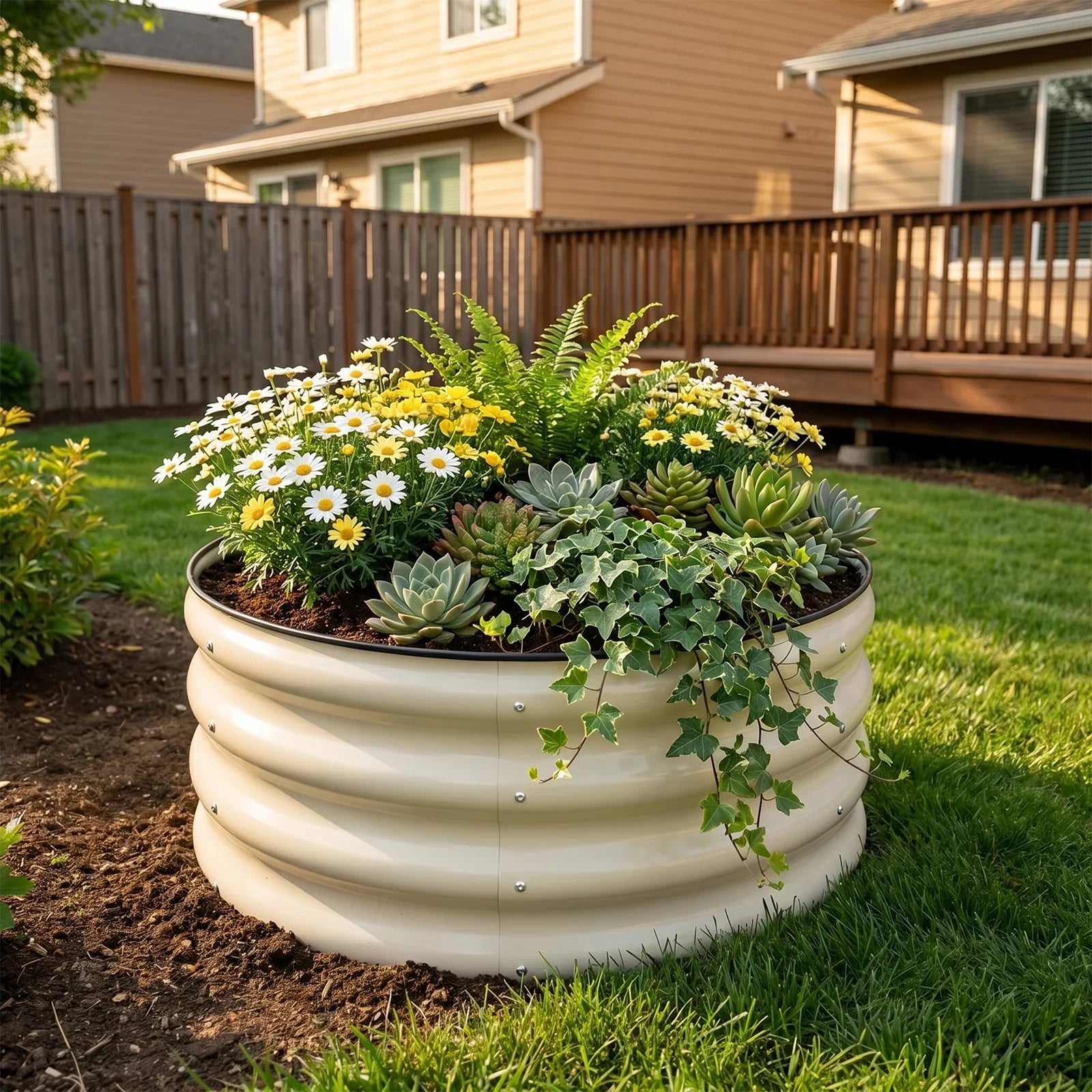 Round metal raised garden bed with daisies, succulents, and ivy in a sunny backyard