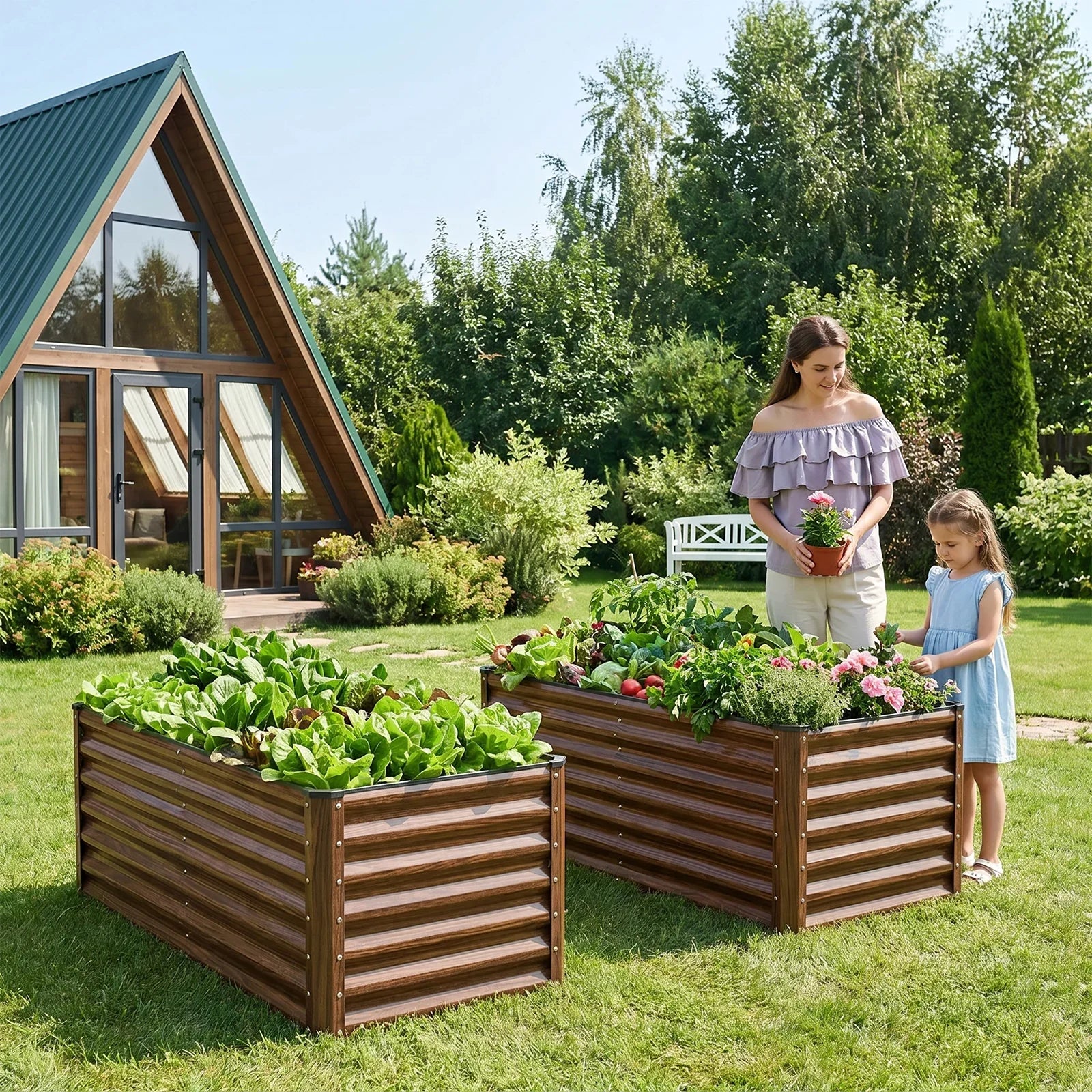 Metal raised garden beds with lush vegetables and flowers, perfect for backyard gardening with family.
