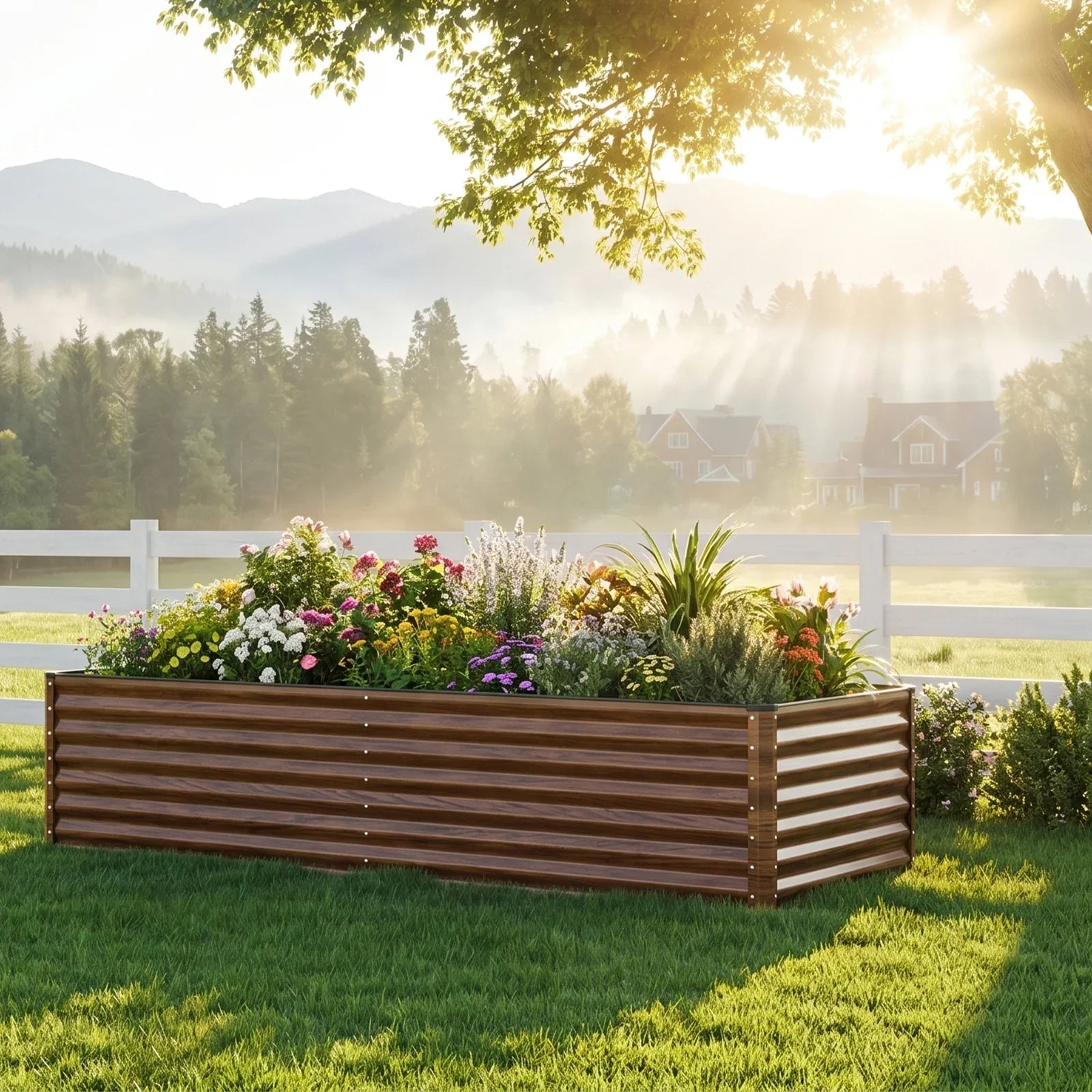 Wood-look metal raised garden bed with colorful flowers, set in a sunny backyard with mountains and white fence.